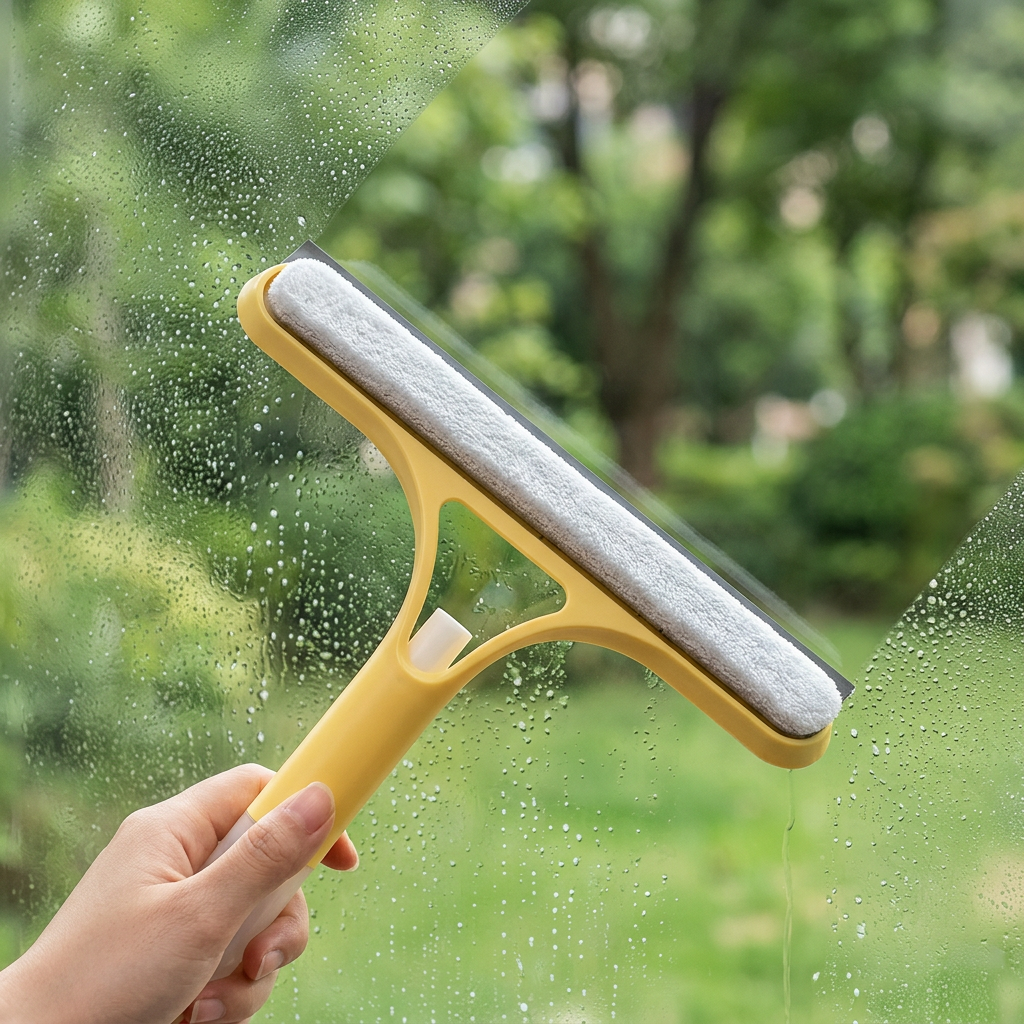 Fresh realistic product photo of the yellow glass cleaner in use